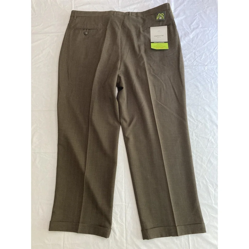 Claiborne Dress Pants Men 42x29 Brown Stretch Herringbone Pleated Cuffed NWT